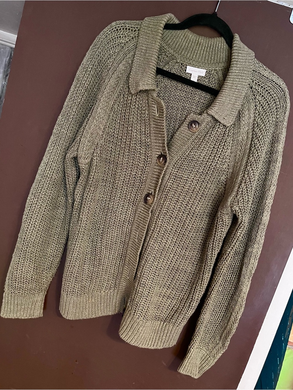 Garnet Hill Moss Green Textured Knit Cardigan
